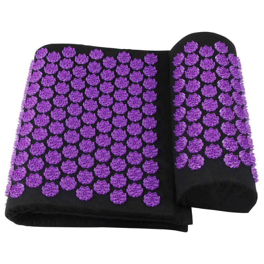 Tapis d'acupression PuraDorse plié avec son coussin cervical violet