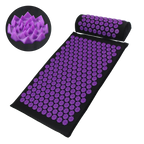 Tapis d'acupression et coussin cervical violets du Pack Détente PuraDorse vus de trois quarts