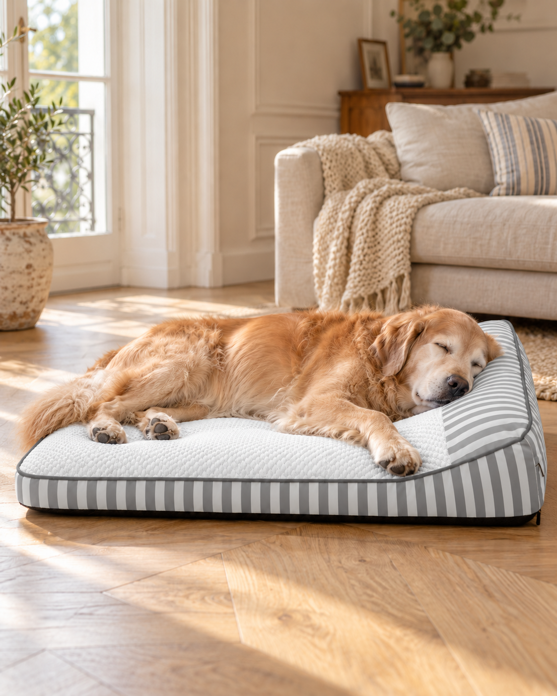 Golden Retriever âgé endormi sur le Lit Quiétou Gris, la tête posée sur l'appui-tête