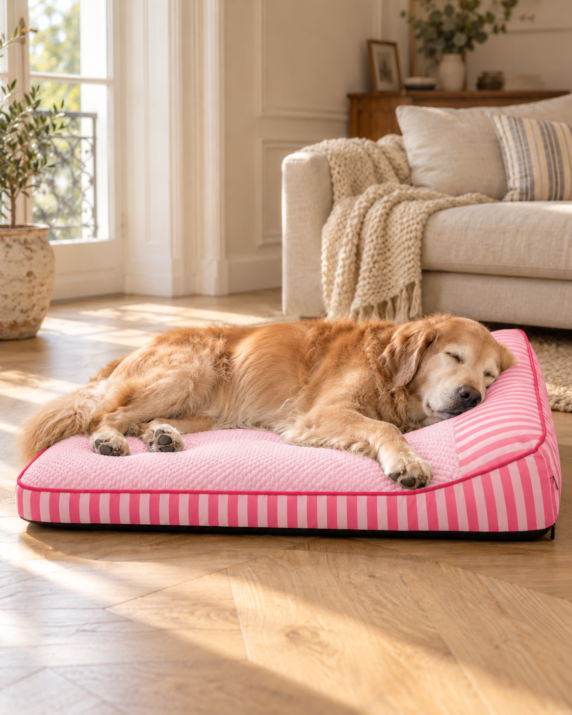 Golden Retriever âgé endormi sur le Lit Quiétou Rose, la tête posée sur l'appui-tête