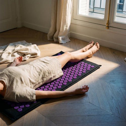 Femme allongée sur le tapis d'acupression violet PuraDorse, posé sur un parquet en fin de journée