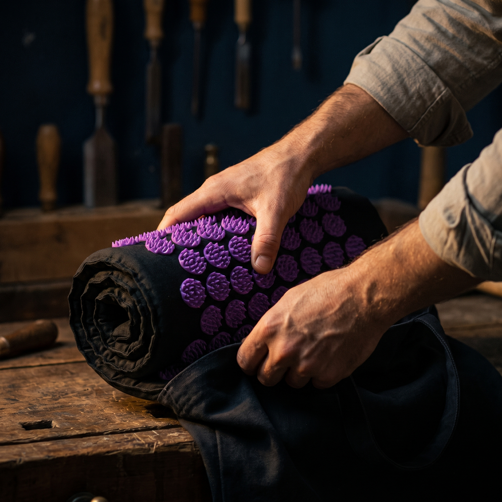 Tapis d'acupression PuraDorse enroulé à la main et glissé dans son sac de transport