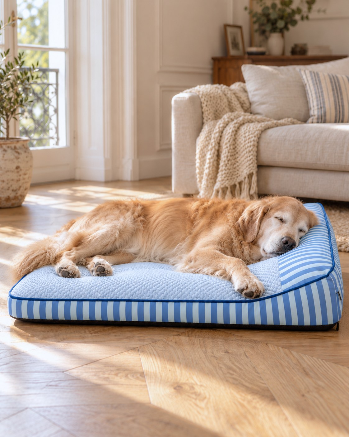 Golden Retriever âgé endormi sur le Lit Quiétou Bleu ciel, la tête posée sur l'appui-tête