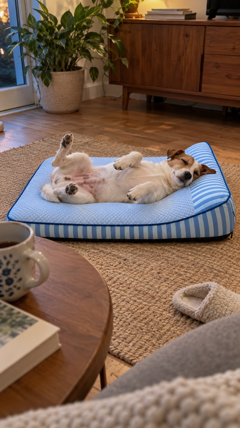 Jack Russell endormi sur le dos, pattes en l'air, sur le Lit Quiétou
